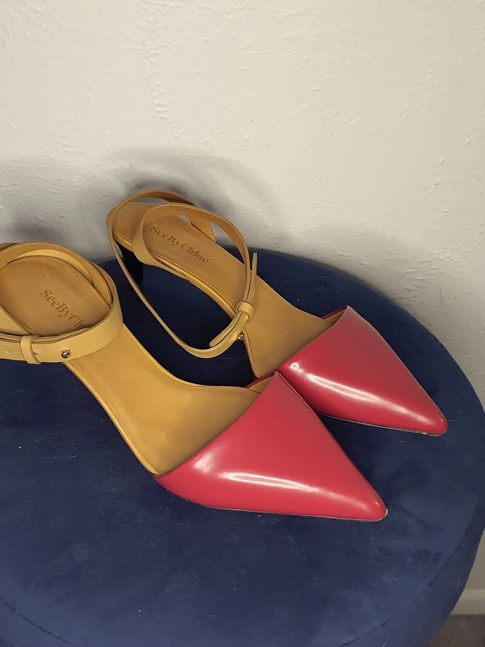See By Chloe Two-Tone Red & Tan Pointed Toe Ankle-Strap Flats